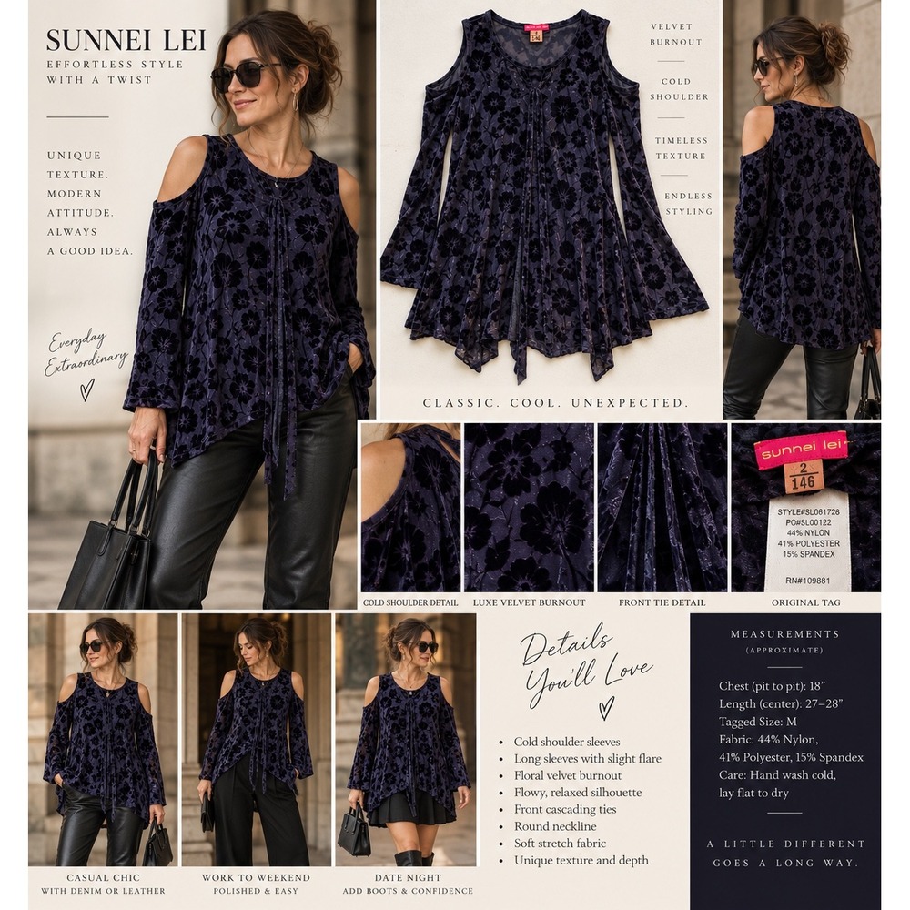 Sunnei Lei Purple Velvet Burnout Cold Shoulder Tunic Top M Floral Sheer Y2K